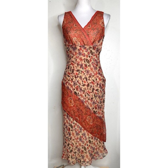 Vintage Y2K Silk Fairy Dress 6 Orange Floral Tiered Faux Wrap  Midi Maggy London - Picture 8 of 9